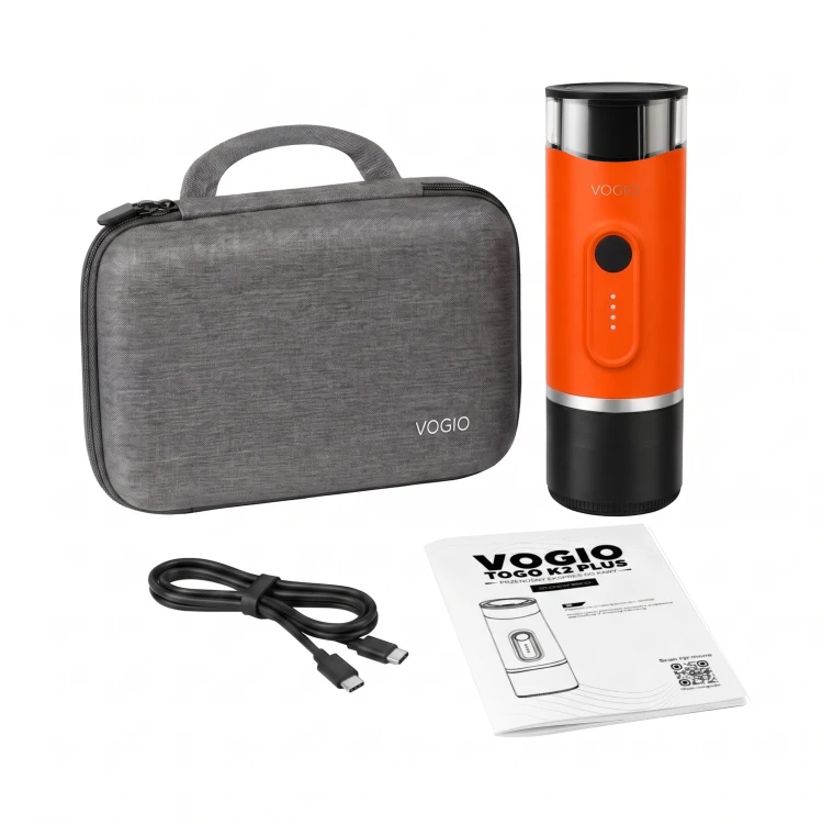 VOGIO ToGo K2 PLUS to kompaktowy przenośny ekspres do kawy do kapsułek i kawy mielonej. Idealny do podróży, auta, biura, kampera i outdooru.