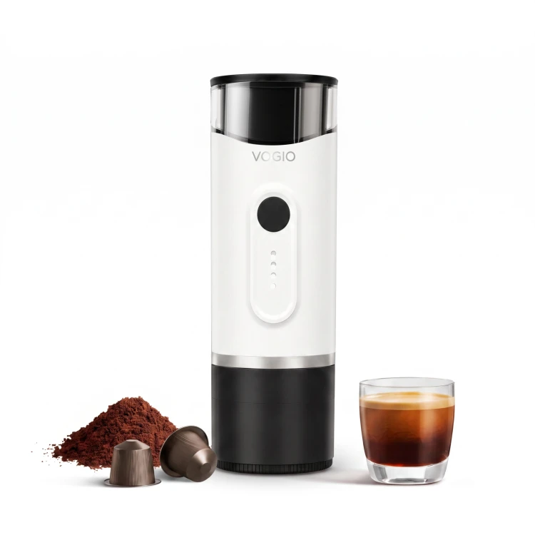 VOGIO ToGo K2 PLUS Biały to przenośny ekspres do kawy 2 w 1 na kawę mieloną i kapsułki Nespresso®. Idealny do podróży, samochodu, pracy i kempingu.