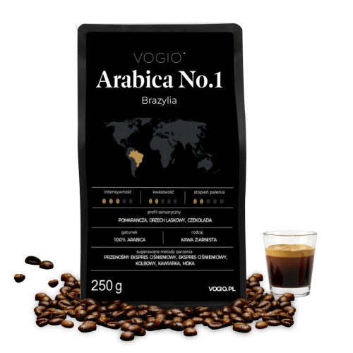 VOGIO Arabica No.1 250 g – 100% Arabica whole bean coffee from Brazil, with notes of orange, hazelnut, and chocolate, ideal for espresso and moka pots.