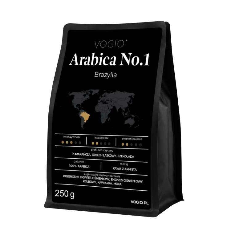 VOGIO Arabica No.1 250 g – kawa ziarnista 100% Arabica z Brazylii, z nutami pomarańczy, orzecha laskowego i czekolady, do espresso i kawiarki.
