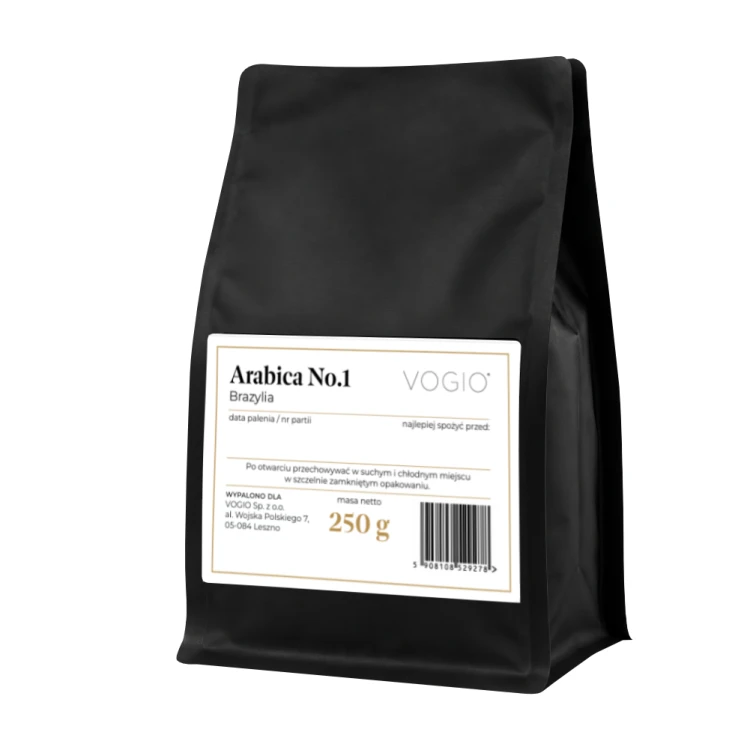 VOGIO Arabica No.1 250 g – 100% Arabica whole bean coffee from Brazil, with notes of orange, hazelnut, and chocolate, ideal for espresso and moka pots.