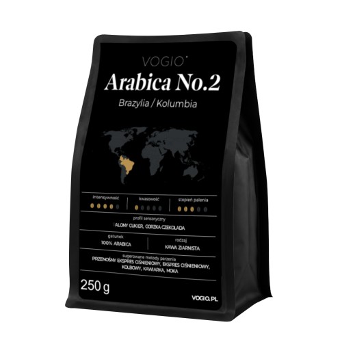 VOGIO Arabica No.2 250 g – kawa ziarnista 100% Arabica z Brazylii i Kolumbii, średnio palona, do ekspresów ciśnieniowych i kawiarek.