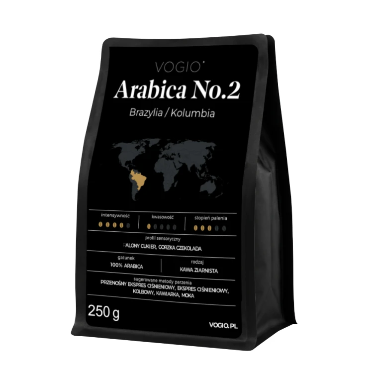 VOGIO Arabica No.2 250 g – kawa ziarnista 100% Arabica z Brazylii i Kolumbii, średnio palona, do ekspresów ciśnieniowych i kawiarek.