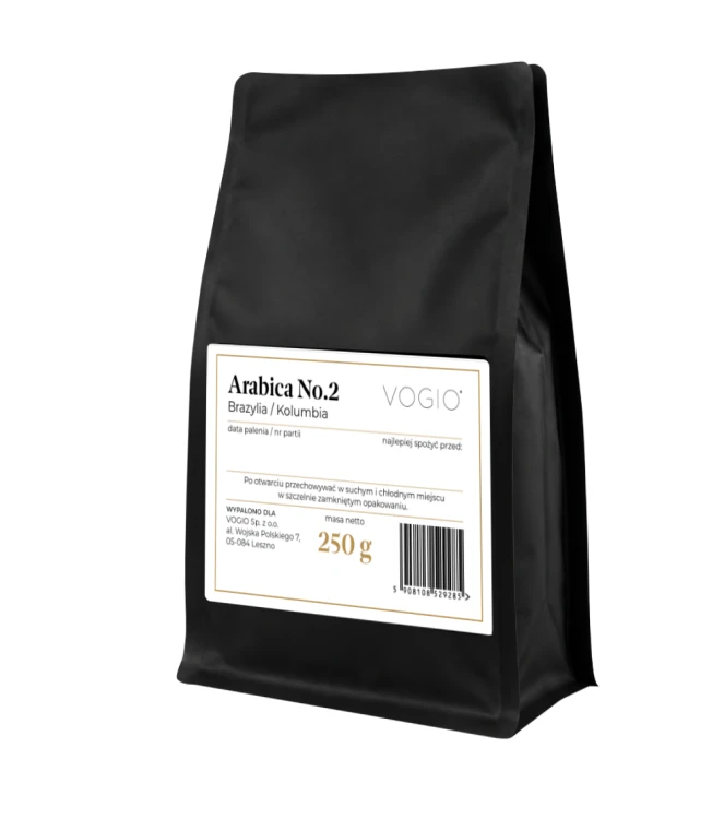 VOGIO Arabica No.2 250 g – kawa ziarnista 100% Arabica z Brazylii i Kolumbii, średnio palona, do ekspresów ciśnieniowych i kawiarek.