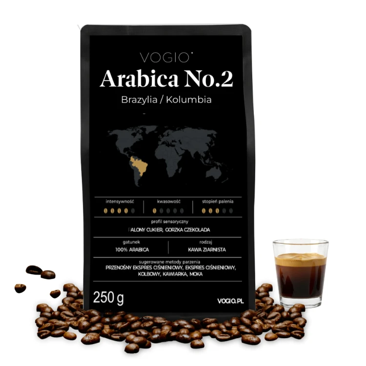 VOGIO Arabica No.2 250 g – kawa ziarnista 100% Arabica z Brazylii i Kolumbii, średnio palona, do ekspresów ciśnieniowych i kawiarek.
