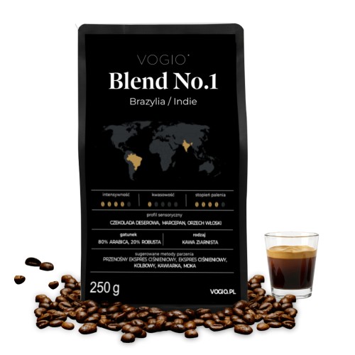 VOGIO Blend No.1 250 g – kawa ziarnista 80% Arabica i 20% Robusta z Brazylii i Indii, z nutami czekolady deserowej, marcepanu i orzecha włoskiego, do espresso i kawiarki.