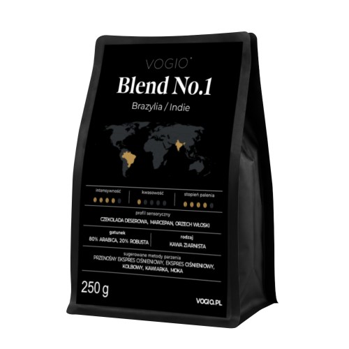 VOGIO Blend No.1 250 g – kawa ziarnista 80% Arabica i 20% Robusta z Brazylii i Indii, z nutami czekolady deserowej, marcepanu i orzecha włoskiego, do espresso i kawiarki.