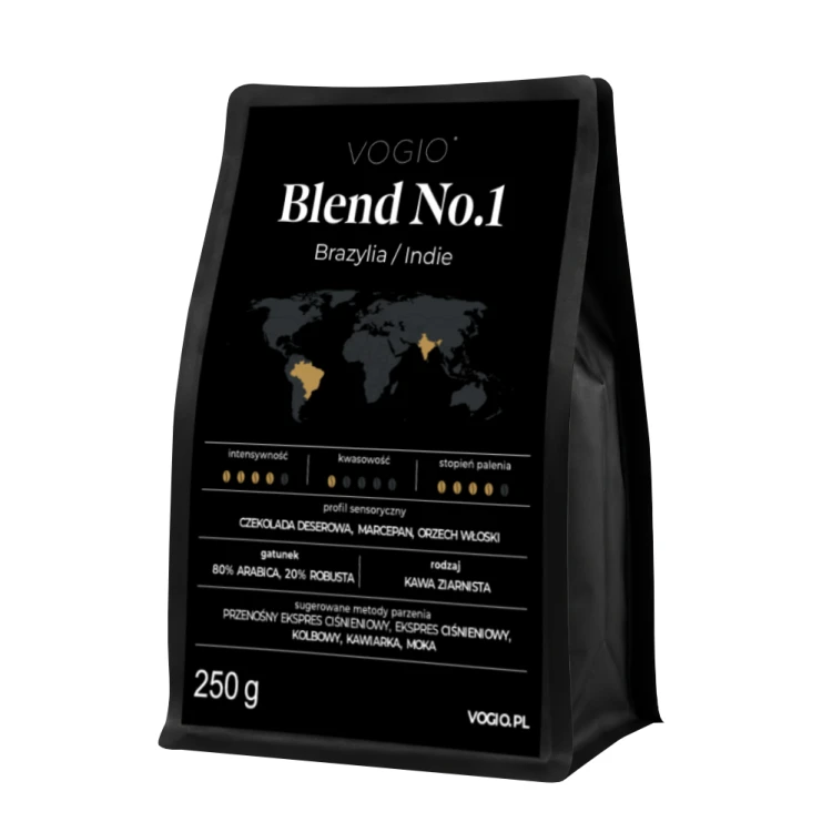 VOGIO Blend No.1 250 g – kawa ziarnista 80% Arabica i 20% Robusta z Brazylii i Indii, z nutami czekolady deserowej, marcepanu i orzecha włoskiego, do espresso i kawiarki.