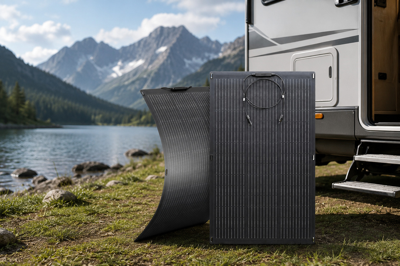 Elastyczny panel solarny ALLPOWERS SF100 100W przy kamperze nad jeziorem