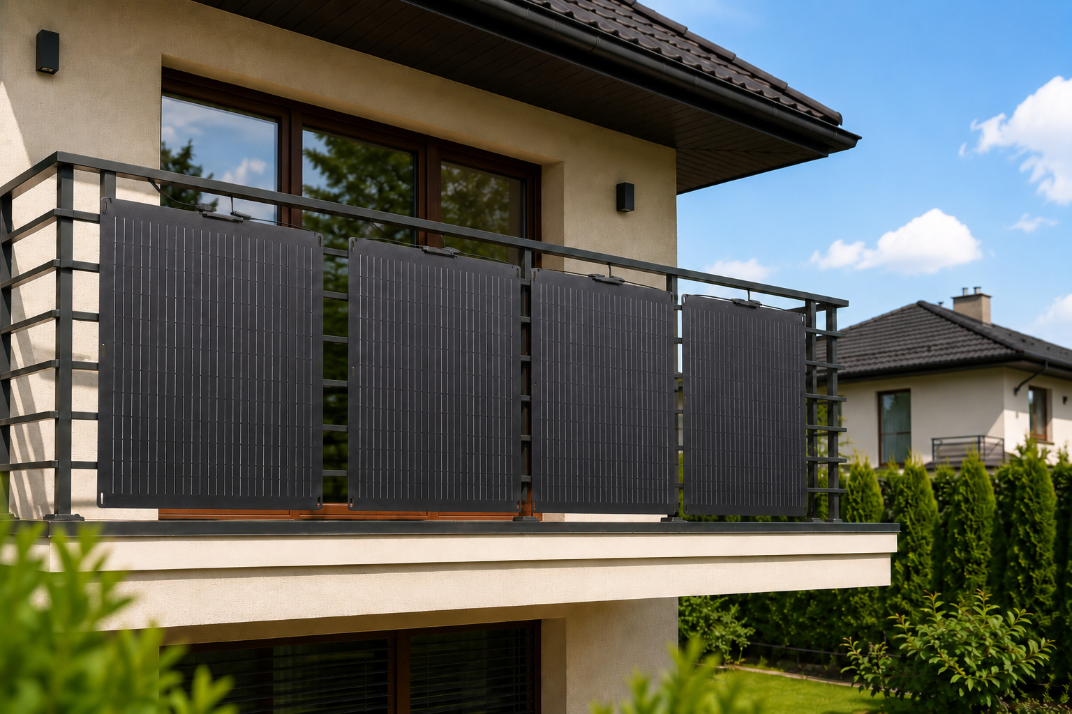 Panele fotowoltaiczne ALLPOWERS SF100 100W zamontowane na balustradzie balkonu
