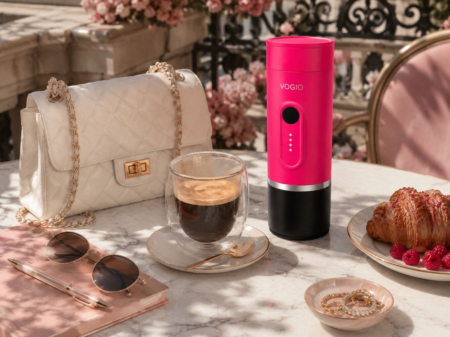 VOGIO ToGo K2 Plus różowy ekspres do kawy w eleganckiej scenerii